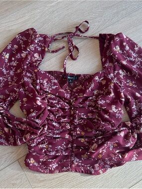 MINE Burgundy Floral Ruched Tie-Back Blouse